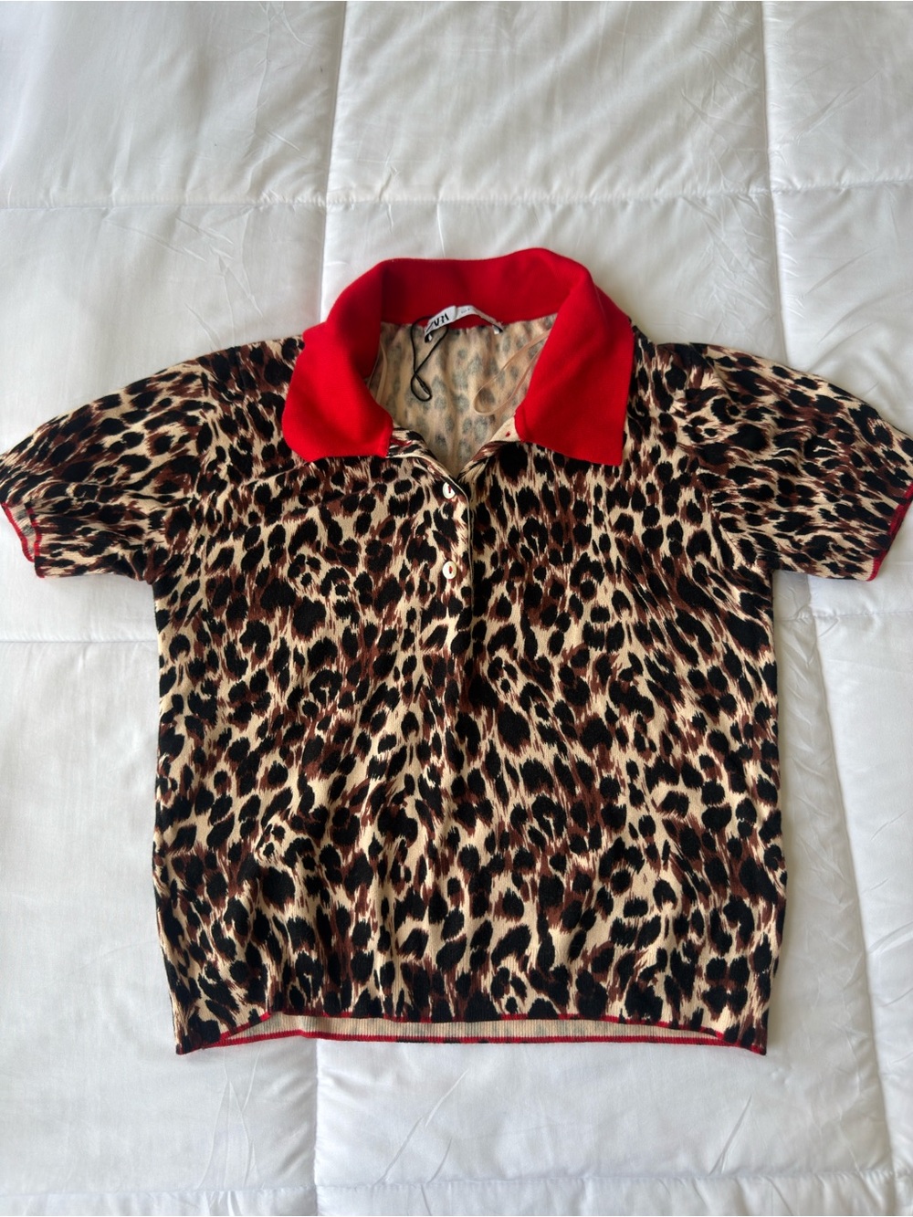 Zara Leopard Print Polo Top with Red Collar